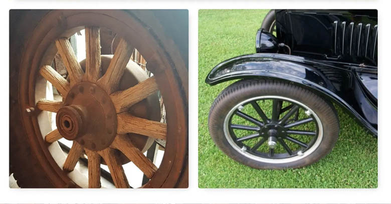 Model T Car with wood spoke wheels.