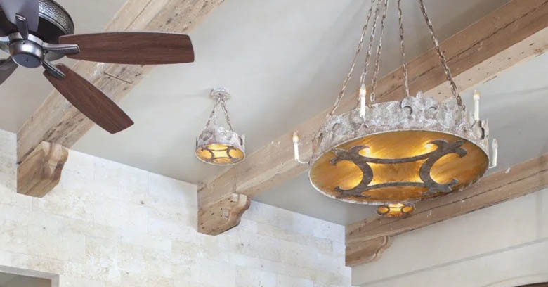 French Manor Inspired Antique Pine Beams with rustic details.