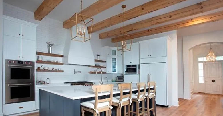 Antique Heart Pine Beams in a kitchen.