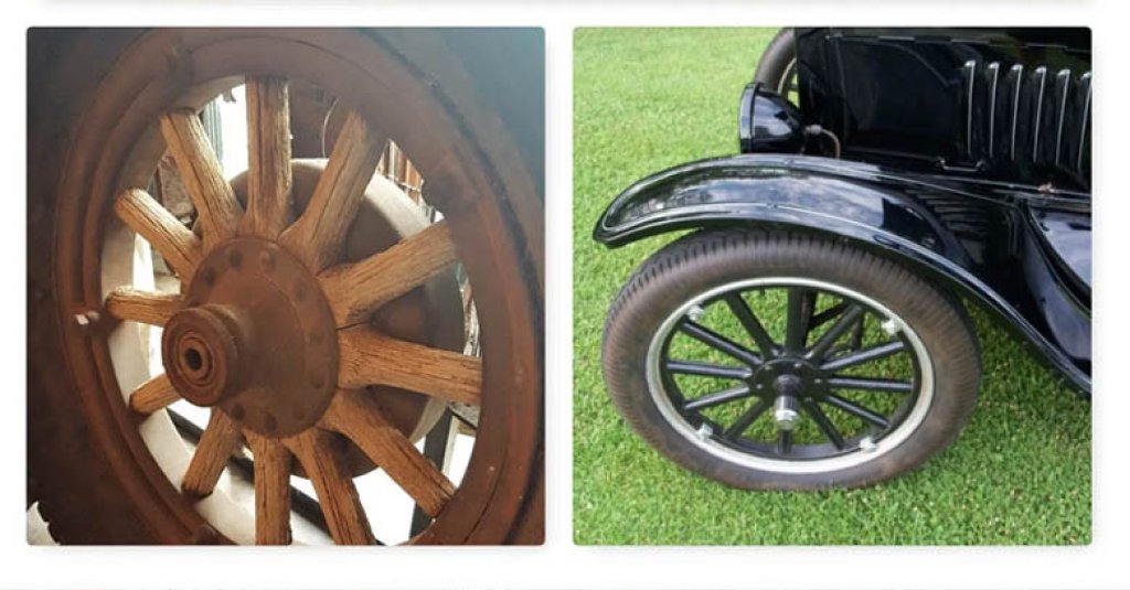 Model T Car with wood spoke wheels.