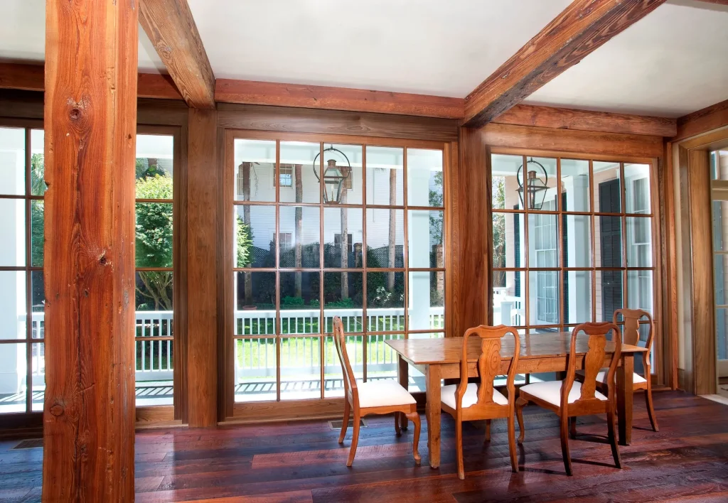 cypress windows and pine beams.