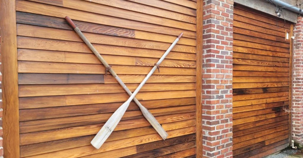 Sinker Cypress shiplap garage doors from Albany Woodworks.