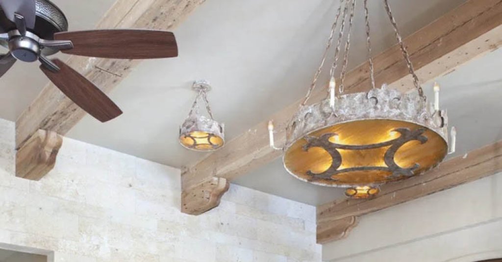 French Manor Inspired Antique Pine Beams with rustic details.