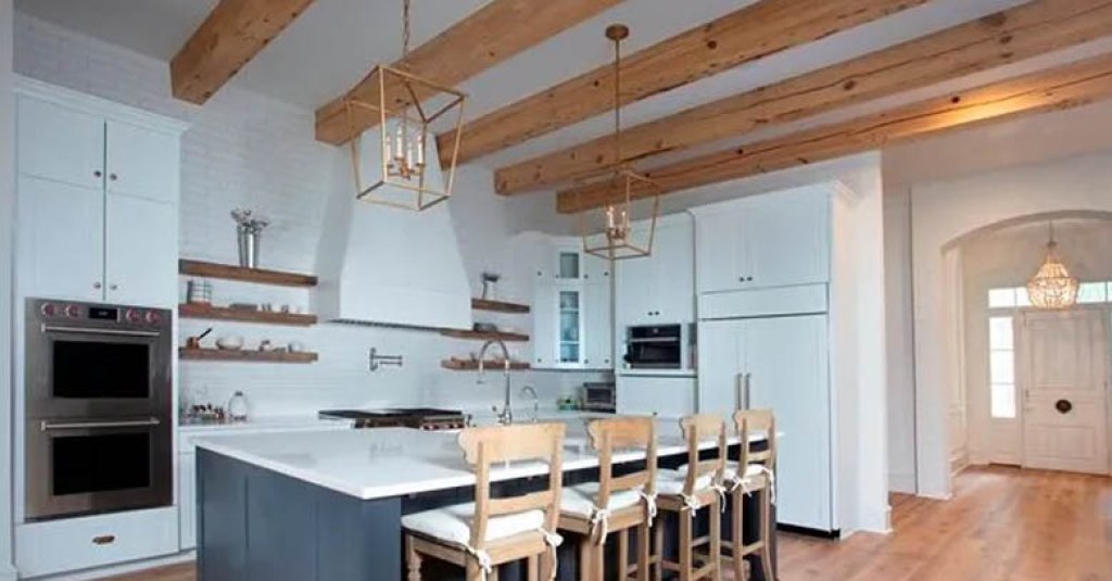 Antique Heart Pine Beams in a kitchen.